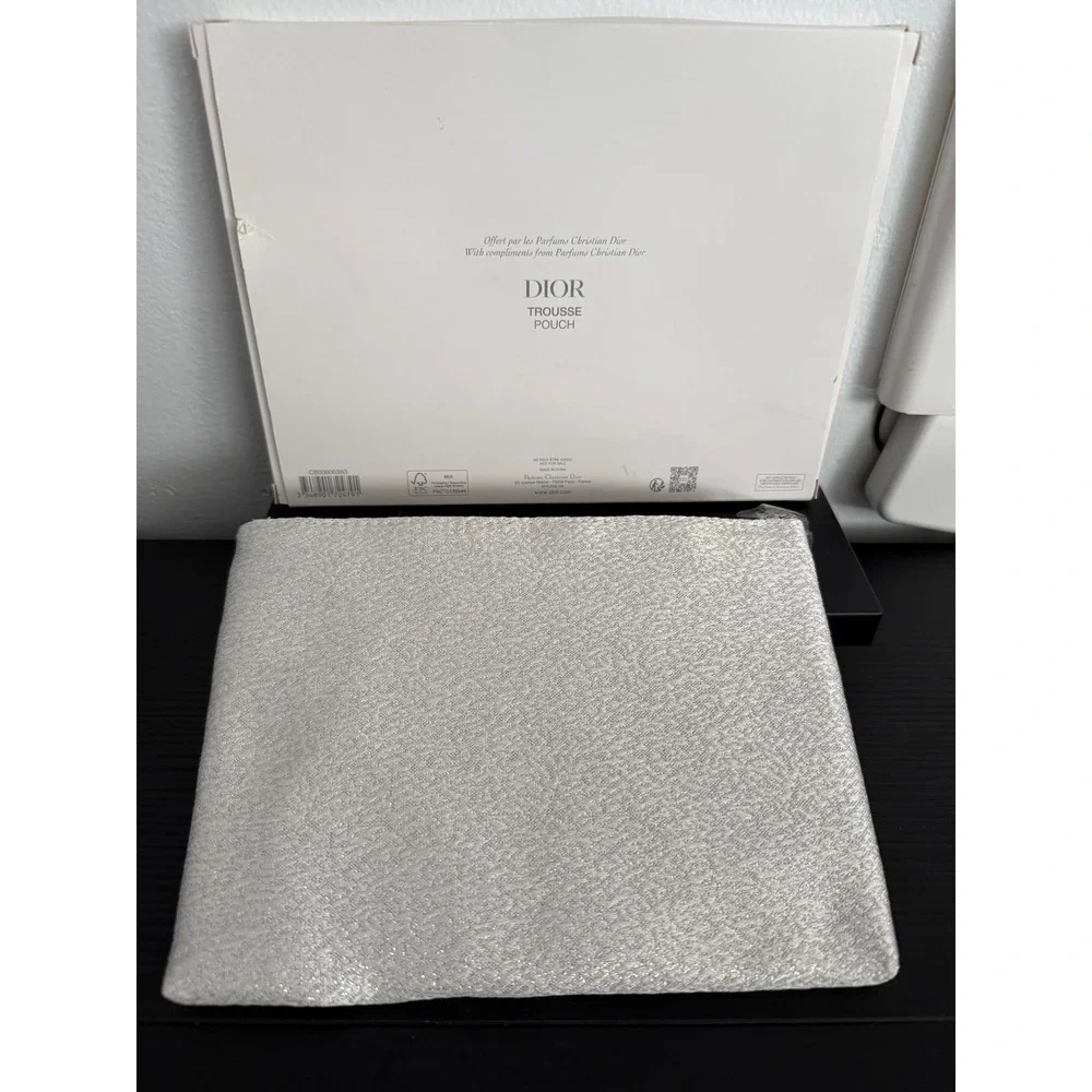 Christian Dior Parfums Silver Metallic Trousse Pouch Cosmetic Bag with Box